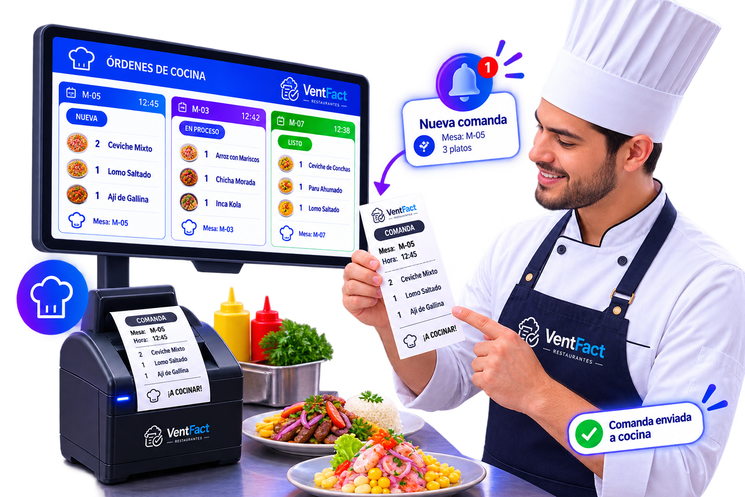 Pantalla de órdenes de cocina y la comanda impresa